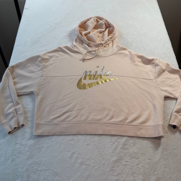 Nike Tops - Nike Hoodie Womens L Pink Good Metallic Gold Silver Foil Logo Cropped Pullover